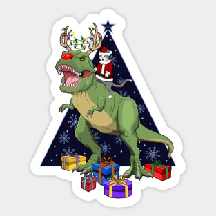 Santa Cat Riding Red Nosed T Rex Dinosaur Christmas Sticker